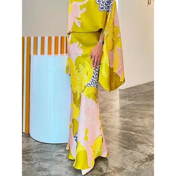 NWT Japanese Asian Flower Loose High Waisted Yellow  2-Piece Set Top Skirt Size - Picture 2 of 7